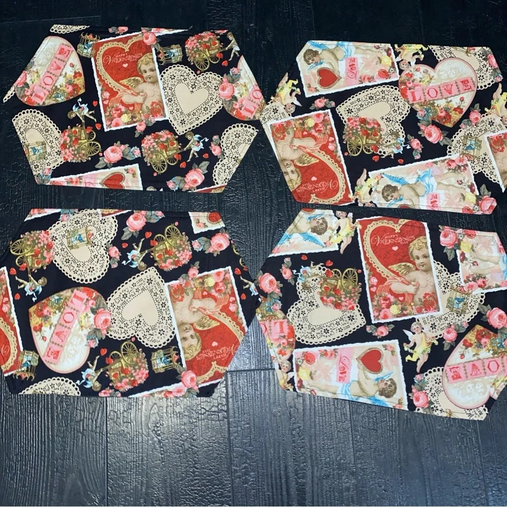 Vintage Print‎ Fabric Love Hearts Valentines Day Placemat Set Of 4 Cloth